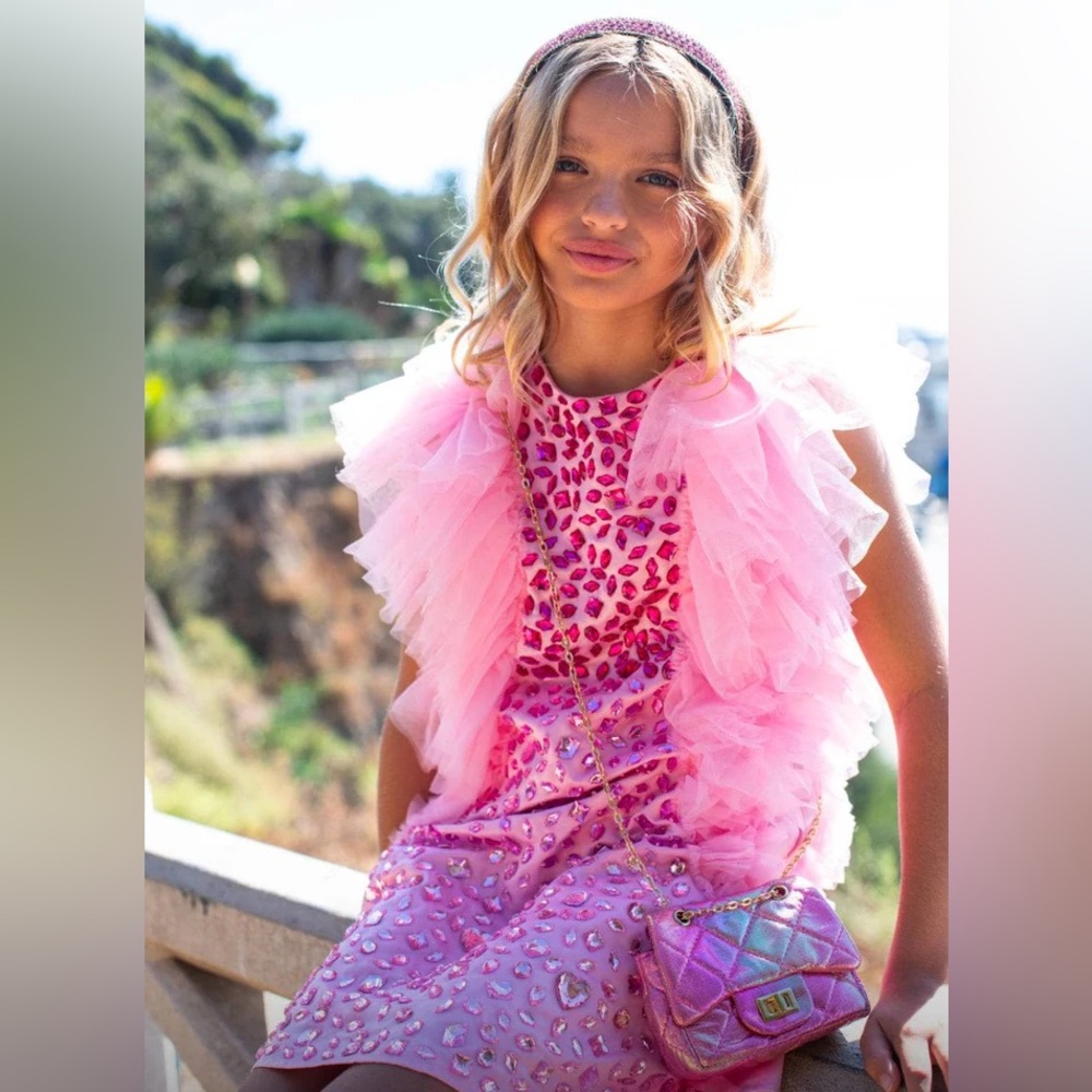 Lola & the Boys Bejeweled Dress Pink Ruffled Tulle & Embellished Dress Sz 8